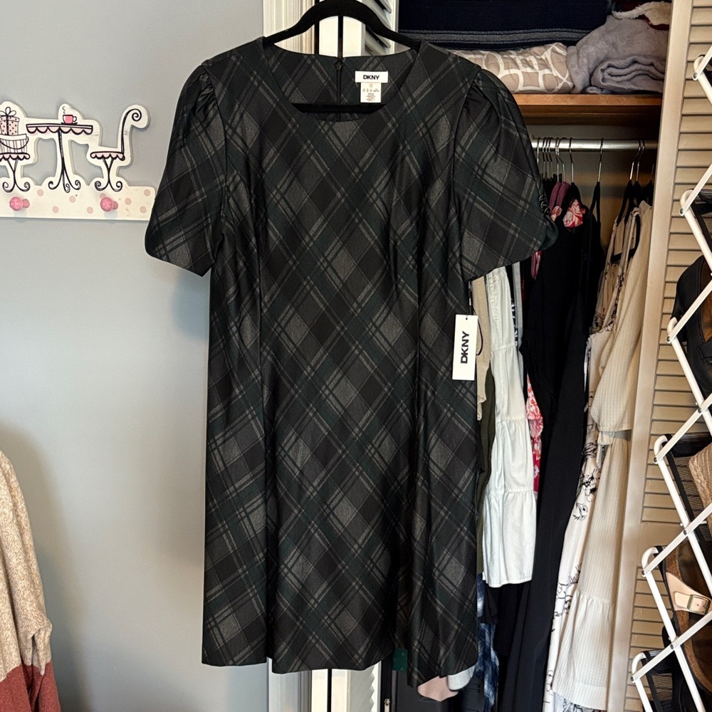 DKNY Charcoal Checkered Short Sleeve Dress